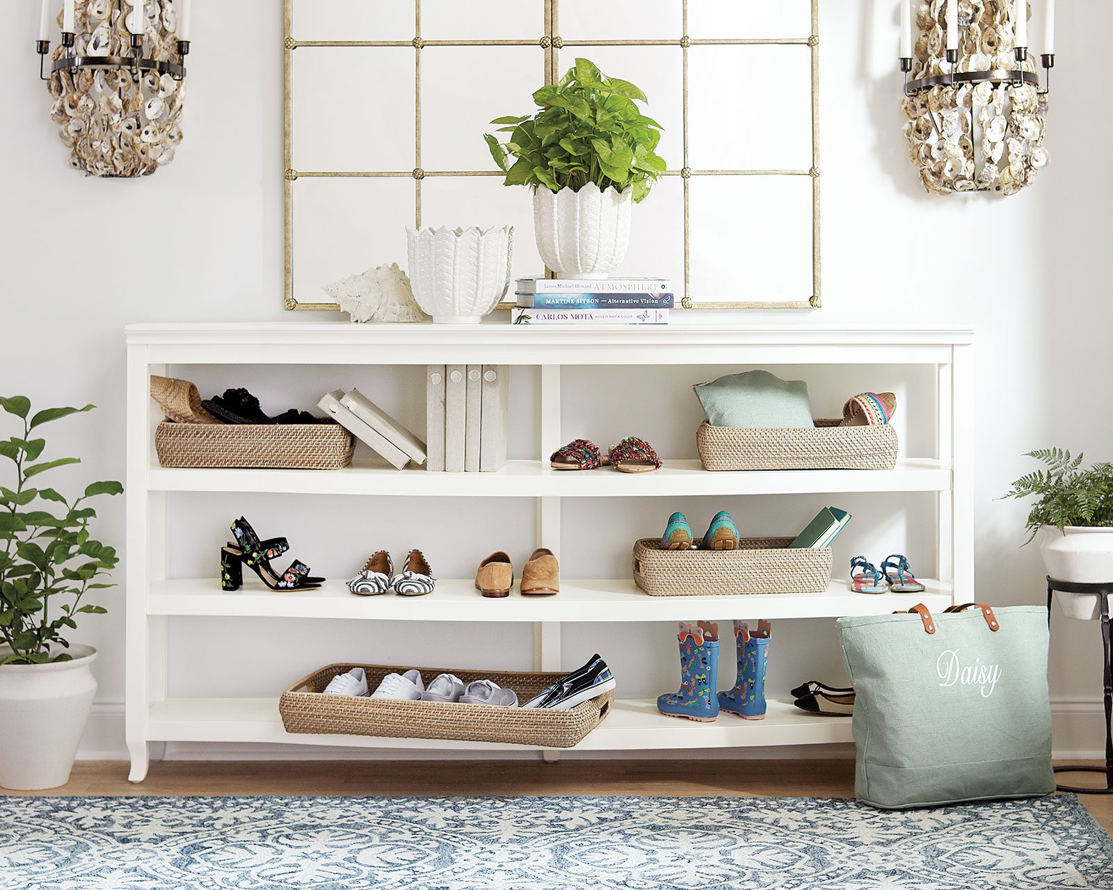 Create a welcoming entryway with show storage and a durable rug