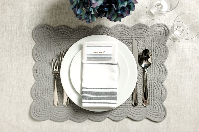 Navy striped napkins look fabulous with purple and blue hydrangeas