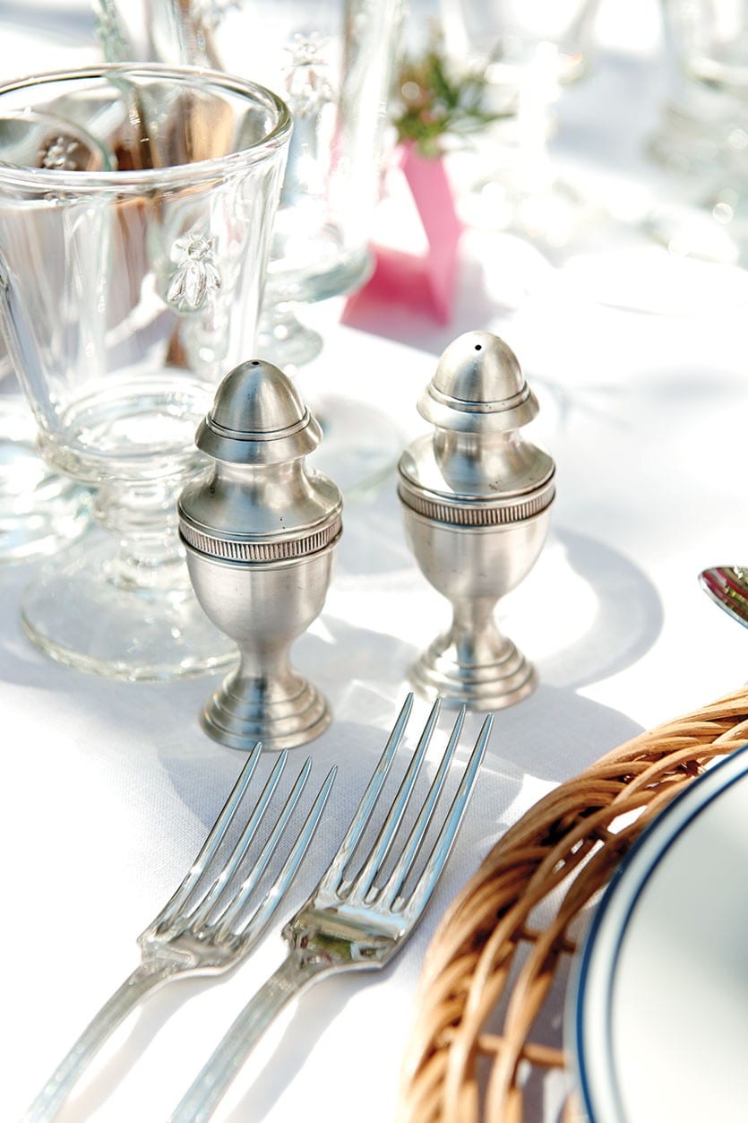 Mix metals, we used our heirloom serving pieces with stainless flatware