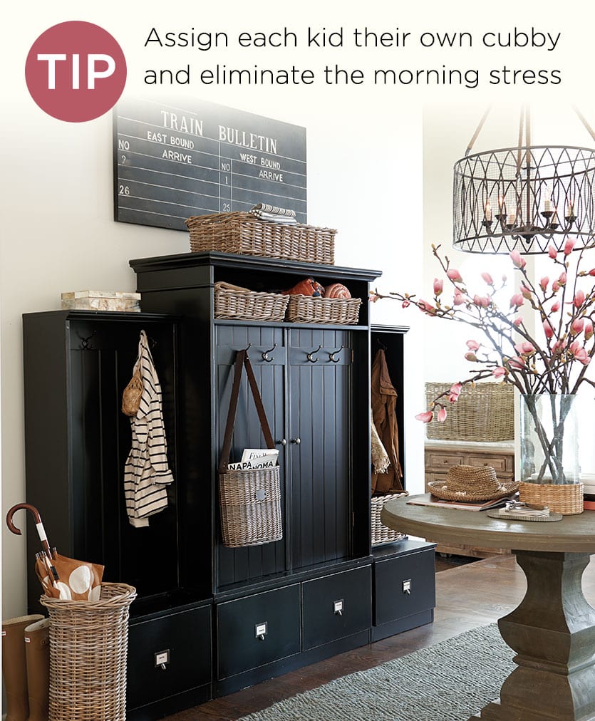 Use cubbies in a mudroom to organize kids stuff