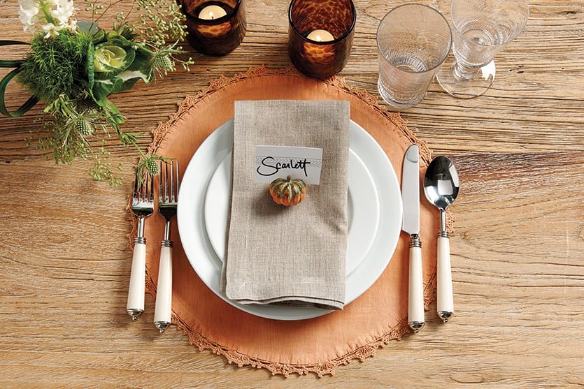 Persimmon table linens and gourd place card holders