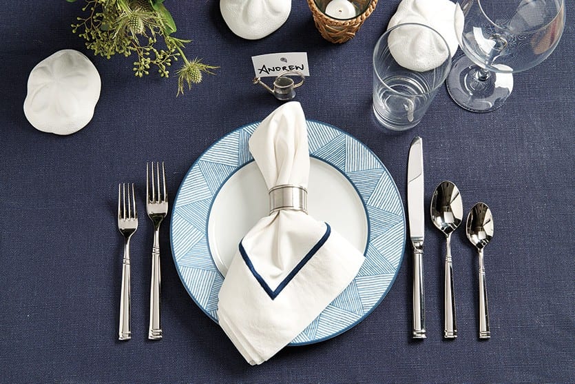 Indigo table cloth with Bunny Williams Campbell House dinnerware