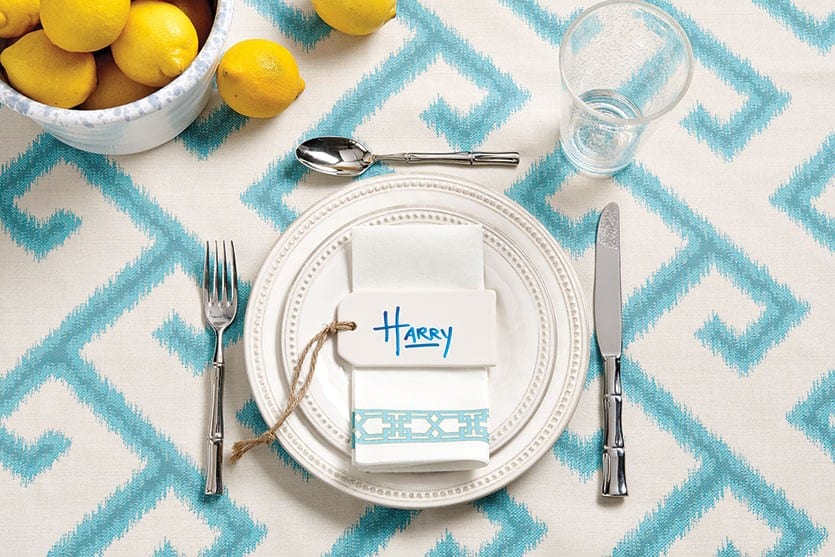 Turquoise outdoor fabric and paper napkins are perfect power players in your outdoor tablesetting