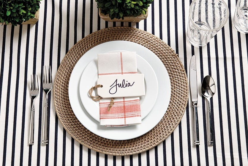 This table setting has a classic feel with a bit of prep