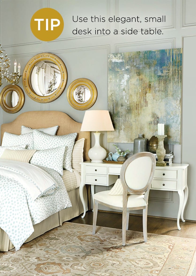 We love to use a desk as a nightstand if you're short on wall space. This way you can squeeze in a workspace or vanity!