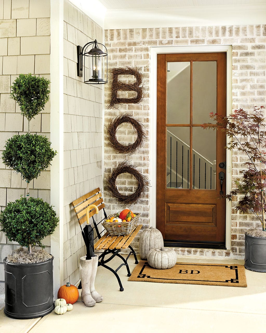 Spell out BOO on your front porch with Birch Twig Wreaths