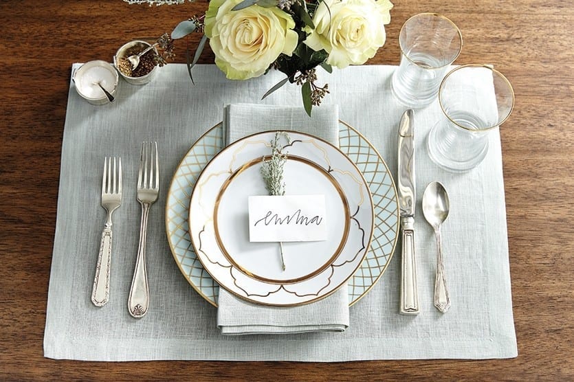 Robin's egg blue, gold, and silver place setting