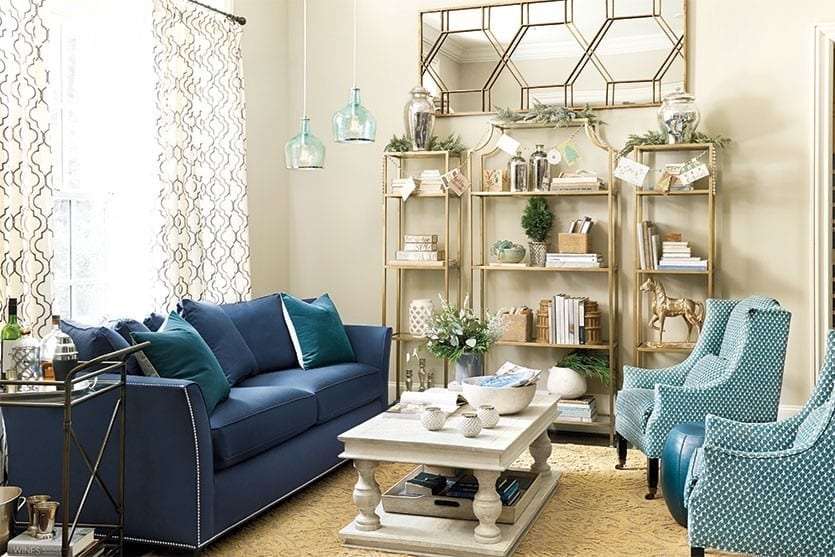 Blue and white living room decorated for the holidays