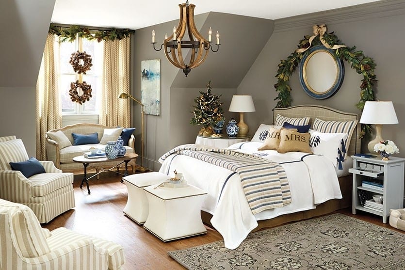 Blue and white bedroom decorated for the holidays