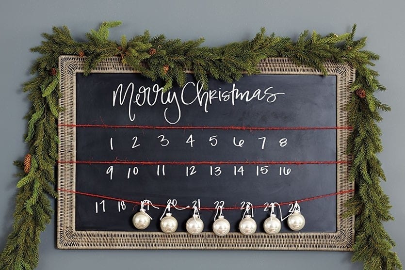 Advent calendar made from a chalkboard and Christmas ornaments