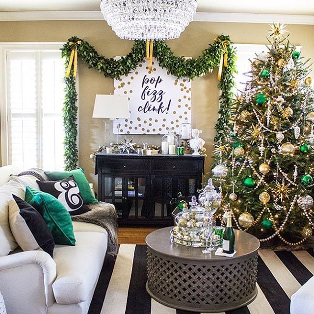 Black and white living room decorated for the holidays