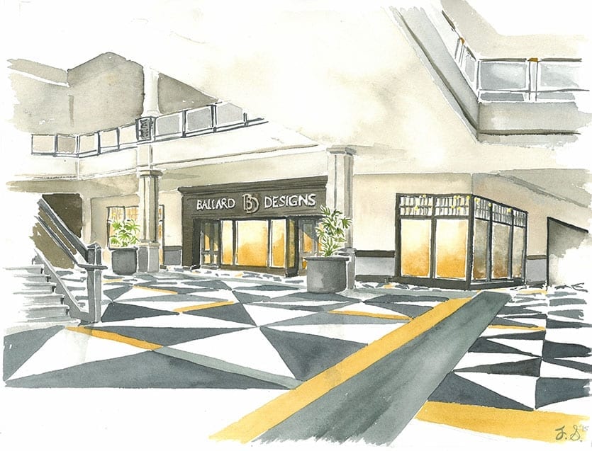 Hand-painted watercolor of Ballard Designs store in King of Prussia mall