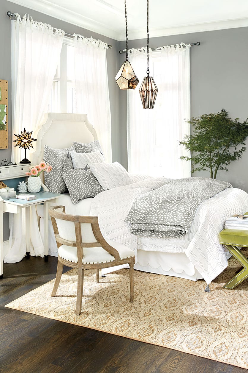 Chevelle pendants in gray bedroom from Ballard Designs