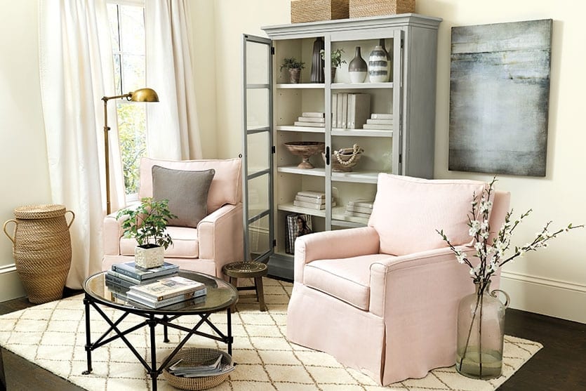 Chairs upholstered in blush pink linen