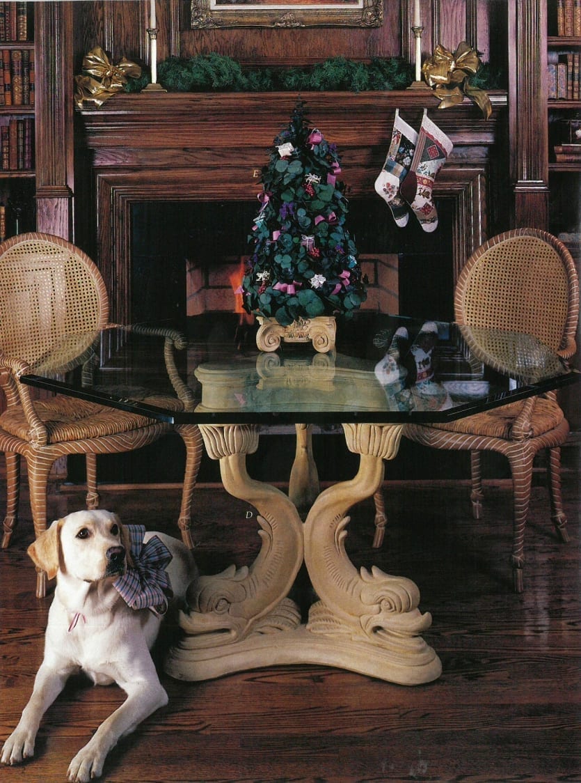 1986 Fall catalog featuring one of our original dolphin pedestal tables with a glass top