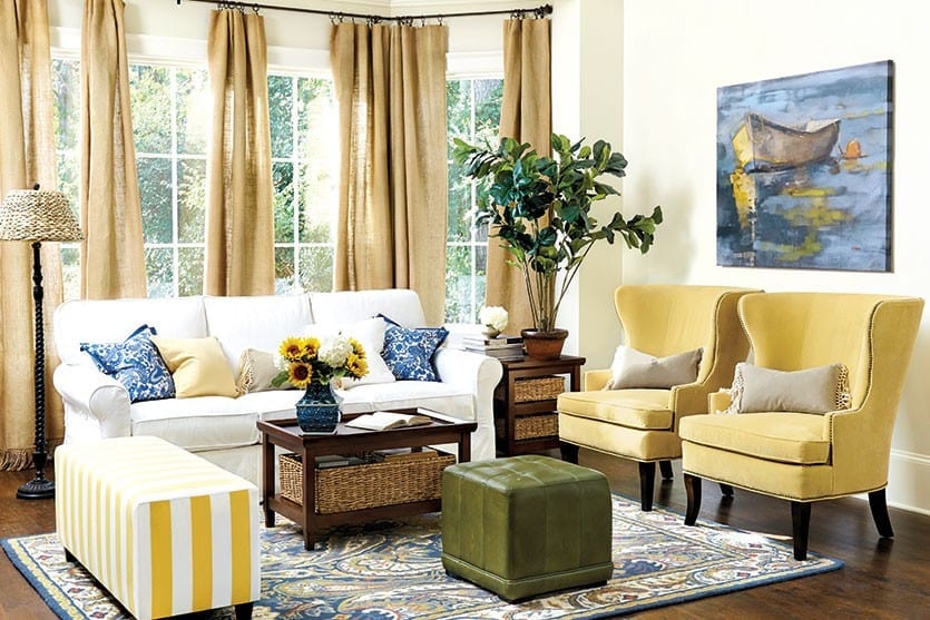 Yellow upholstered chairs for a Spring inspired living room