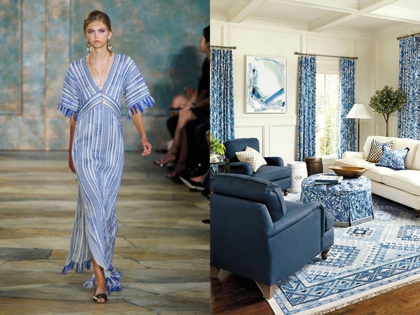 Blue and white dress from Tory Burch, echoes a blue and white room from Ballard Designs