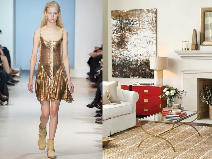 Sequined dress by Paco Rabanne for Spring 2016, echoed by a living room with brass accents and high shine from Ballard Designs