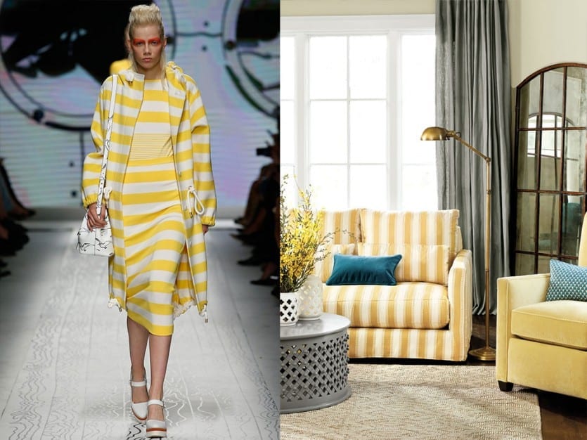 Max mara outfit in yellow stripes with living room in yellow stripes