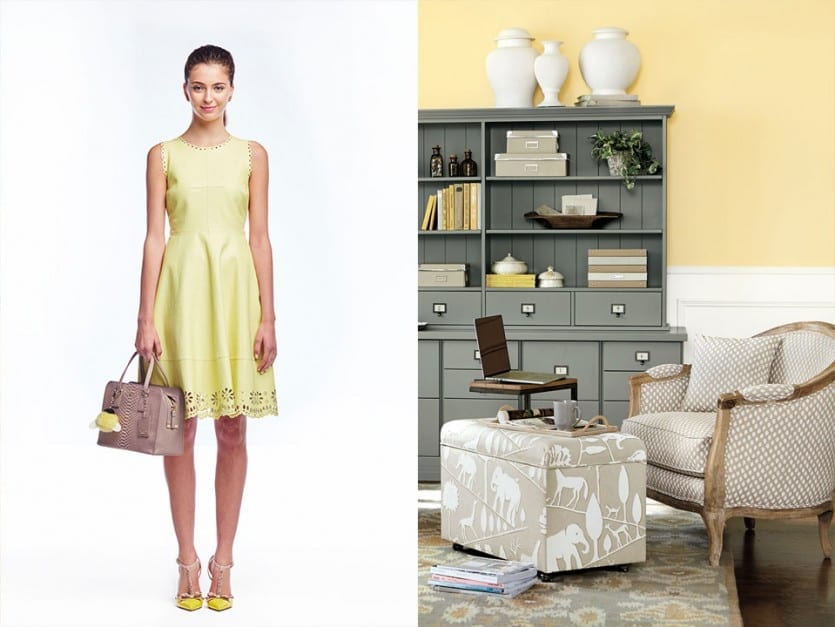 Sunshine yellow dress, paired with a home office in sunny yellow