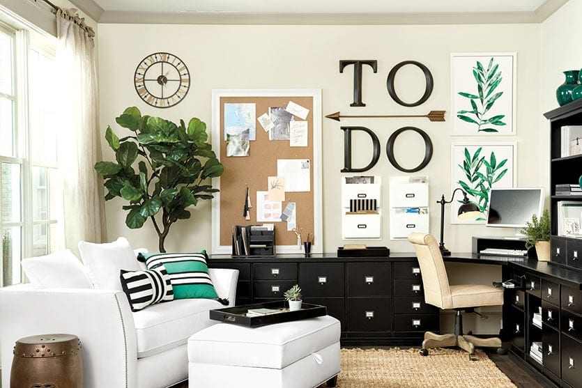 Home office with black and white accents and kelly green