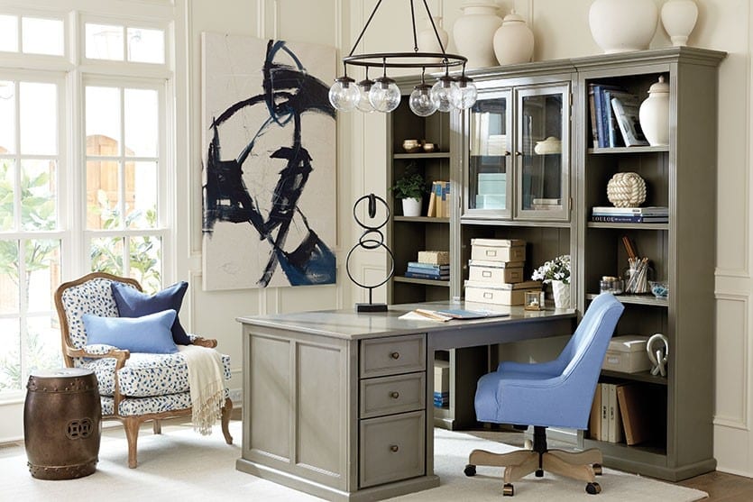 Sophisticated home office with cornflower blue, animal print, and abstract art