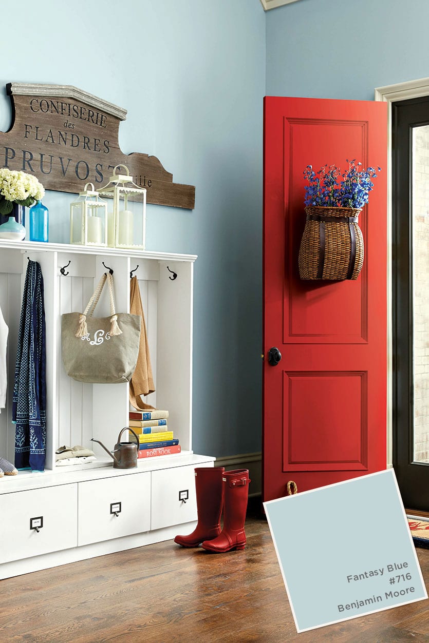 Benjamin Moore's Fantasy Blue in Ballard Designs room from catalog