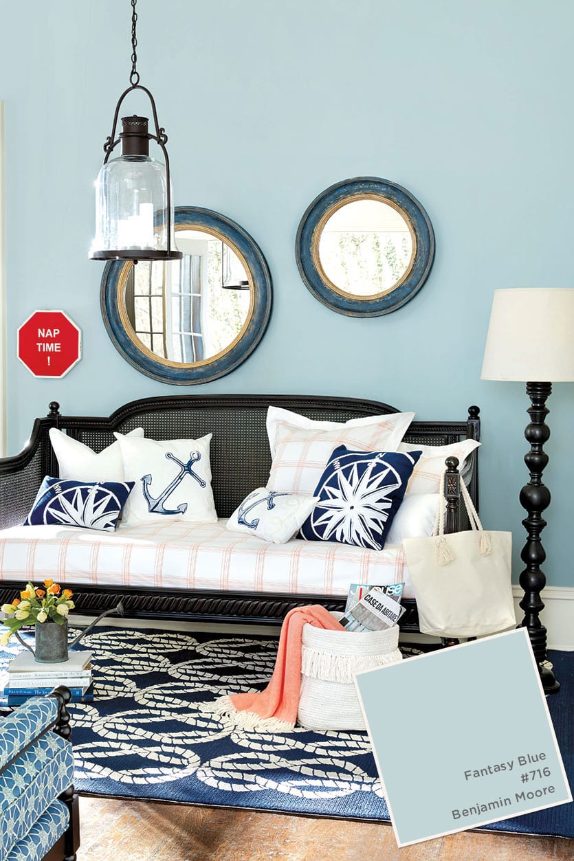 Benjamin Moore's Fantasy Blue in Ballard Designs room from catalog