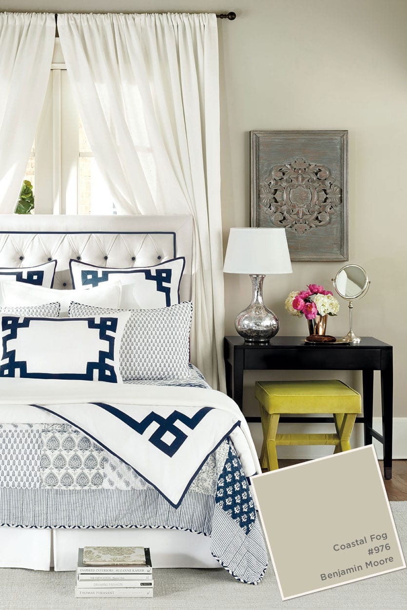 Benjamin Moore's Coastal Fog paint color in Ballard Designs bedroom