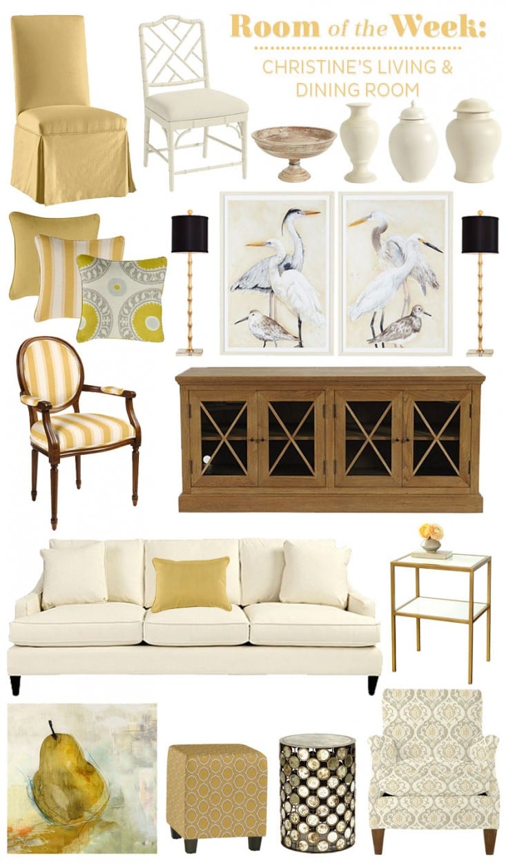 Decorating Christine's open living and dining room with classic furniture pieces and yellow