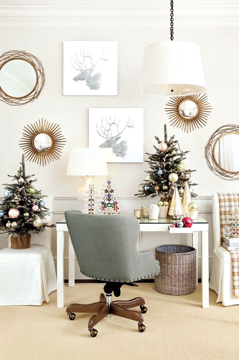 Suzanne Kasler's white office with Parsons table and metallic accents from the Ballard Designs catalog