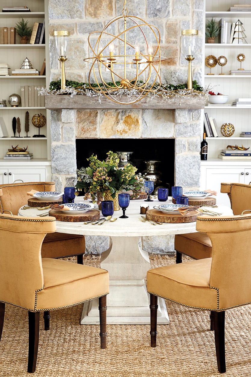 Ochre and navy dining tabletop look inspired by Fall