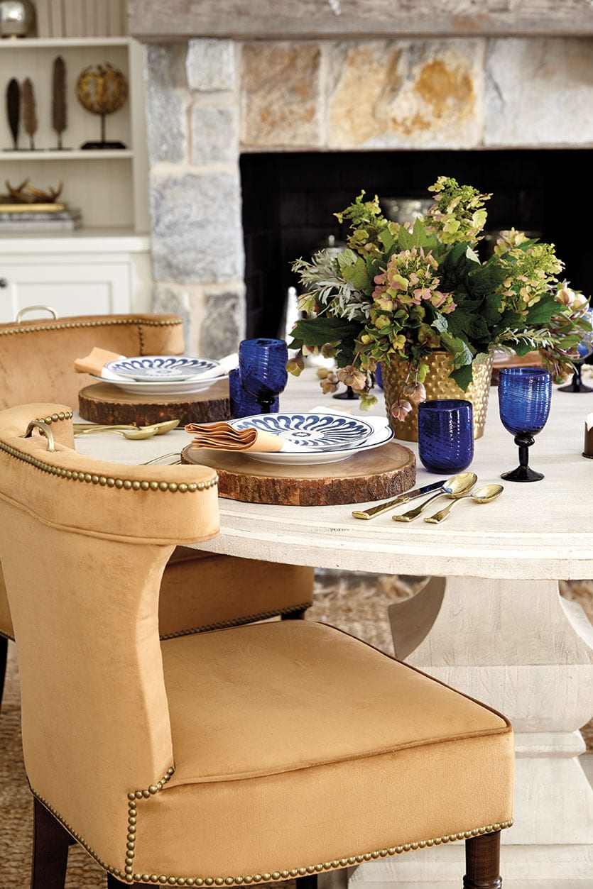 Velvet chairs in Queens Velvet Saddle feel rich and warm for a fall dinner table