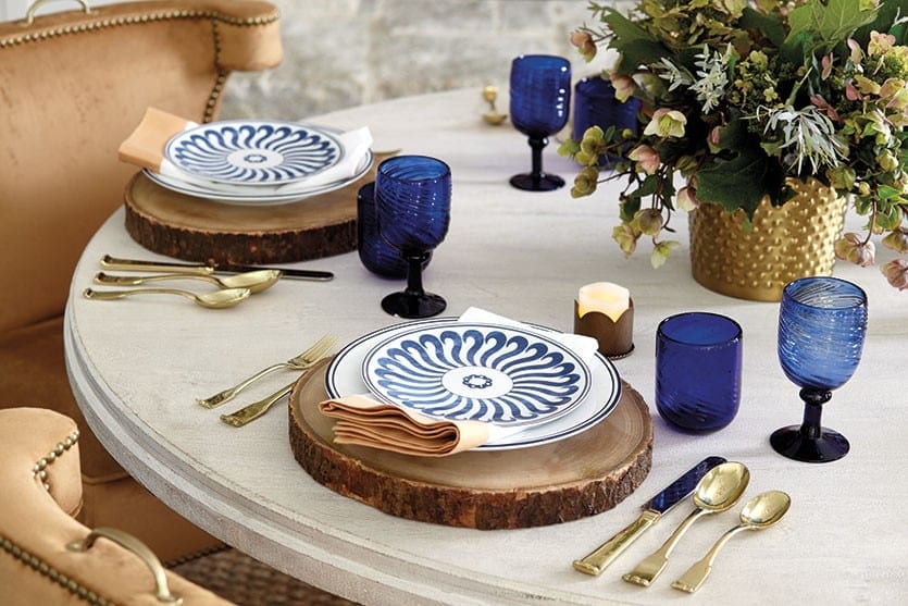 Bunny Williams' blue and white Campbell House DInnerware from Ballard Designs