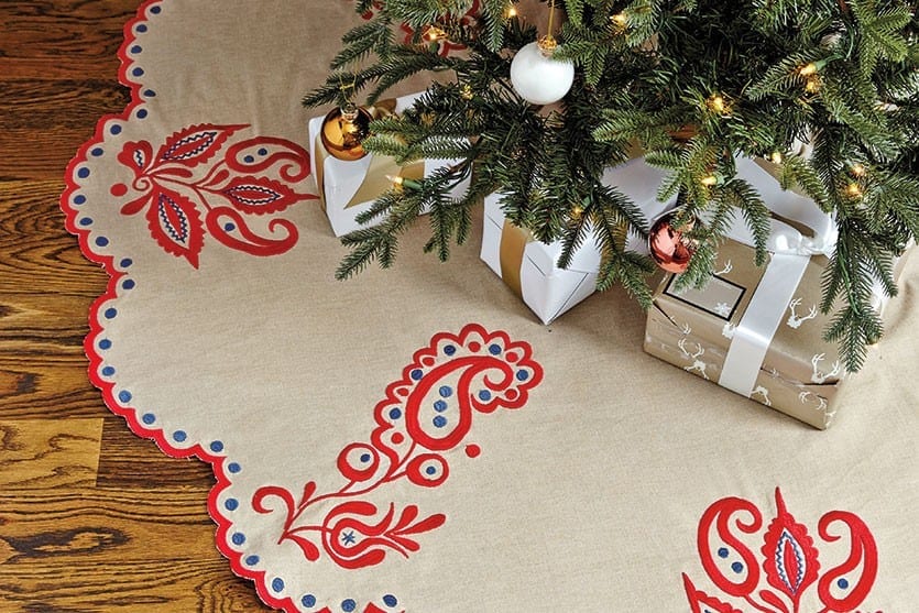 Bunny Williams' embroidered tree skirt and stockings