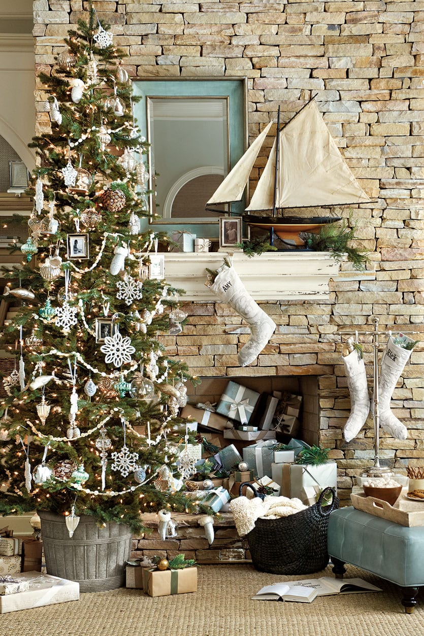 Coastal theme to a fireplace mantel during the holidays