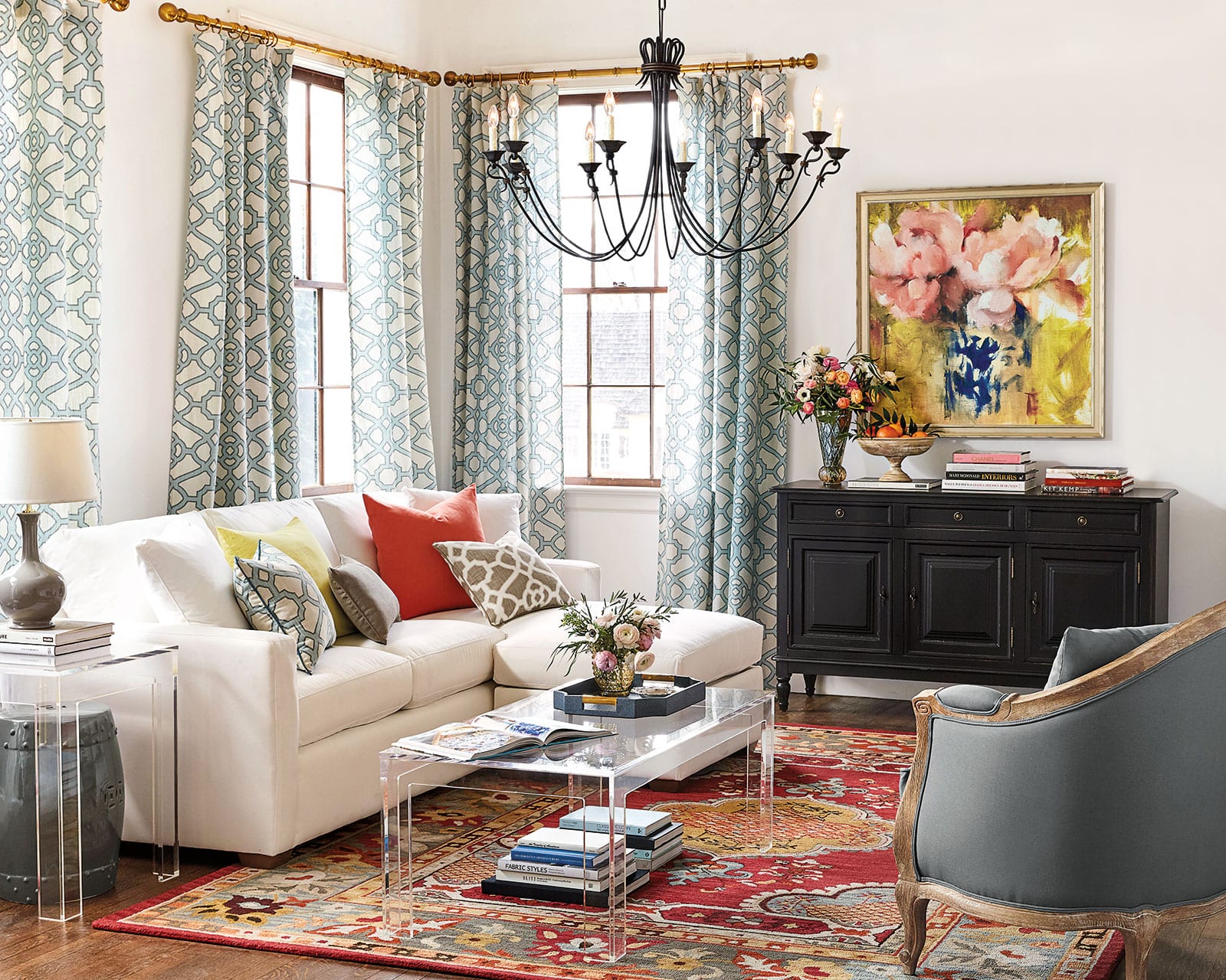 Colorful accents in a neutral room inspired by artwork