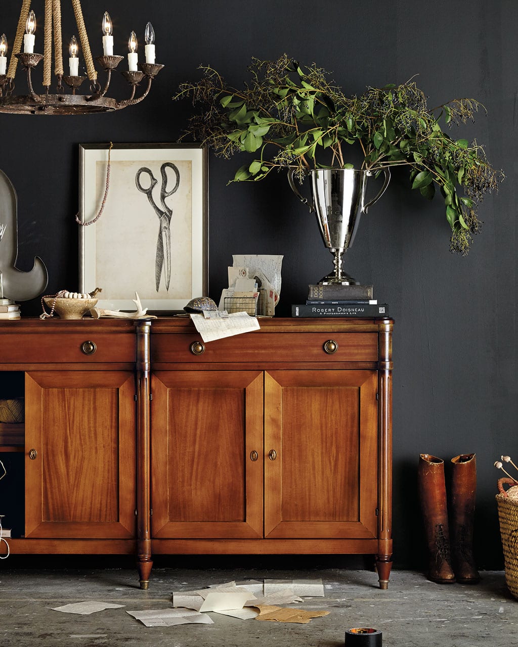 Dark gray sets of a gorgeous honey brown cabinet from Ballard Designs