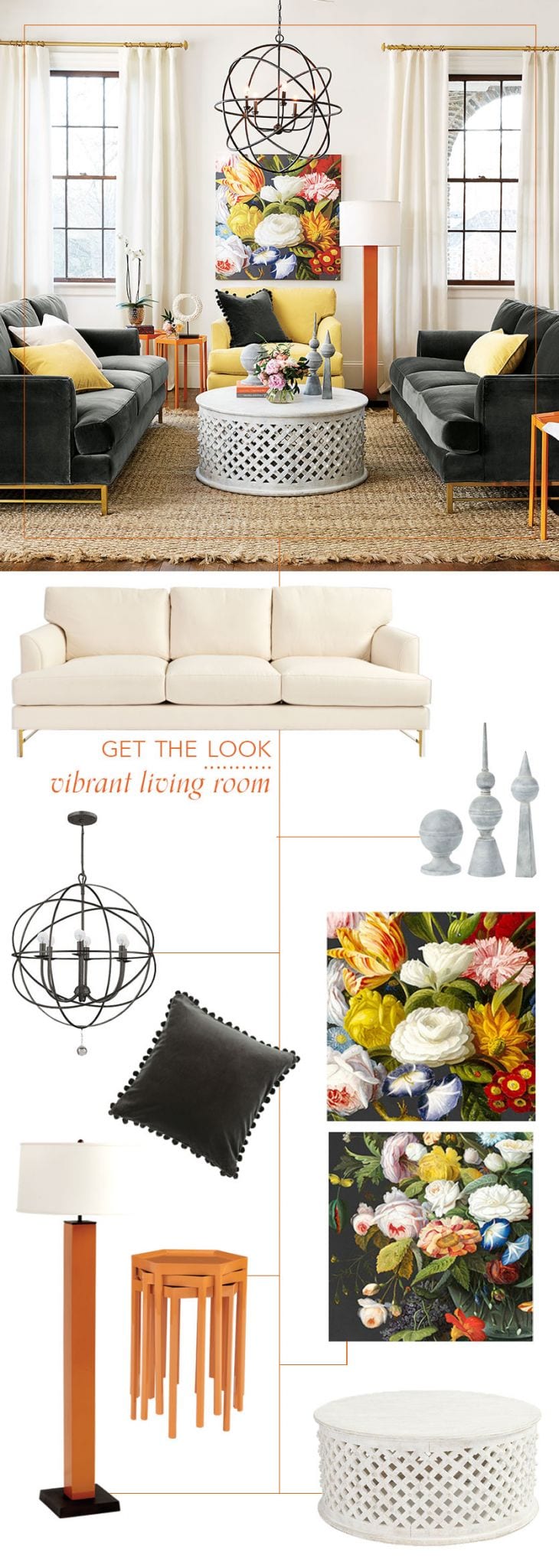 Get the look of the vibrant living room grounded in neutrals