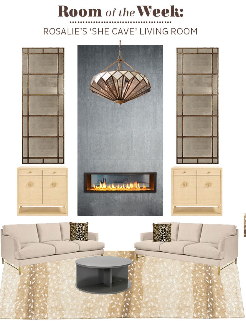 Rosalie's 'she cave' living room with a modern fireplace