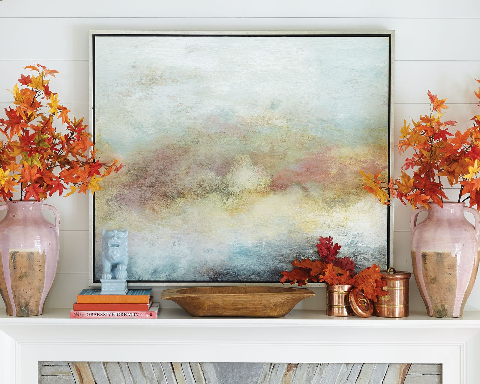 A fall mantel inspired by a sunset color palette