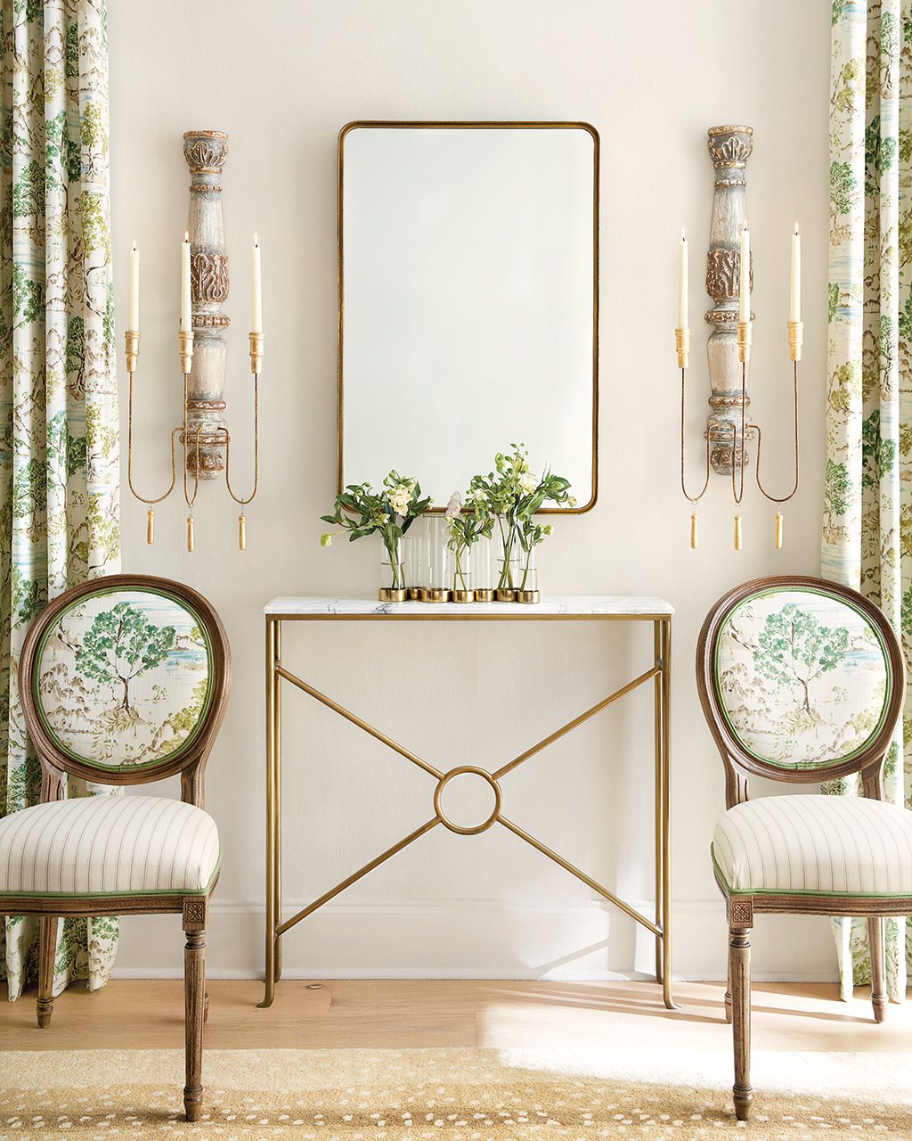 Add drapery panels, a narrow console, and a mirror to a wall to create a focal point in any room layout