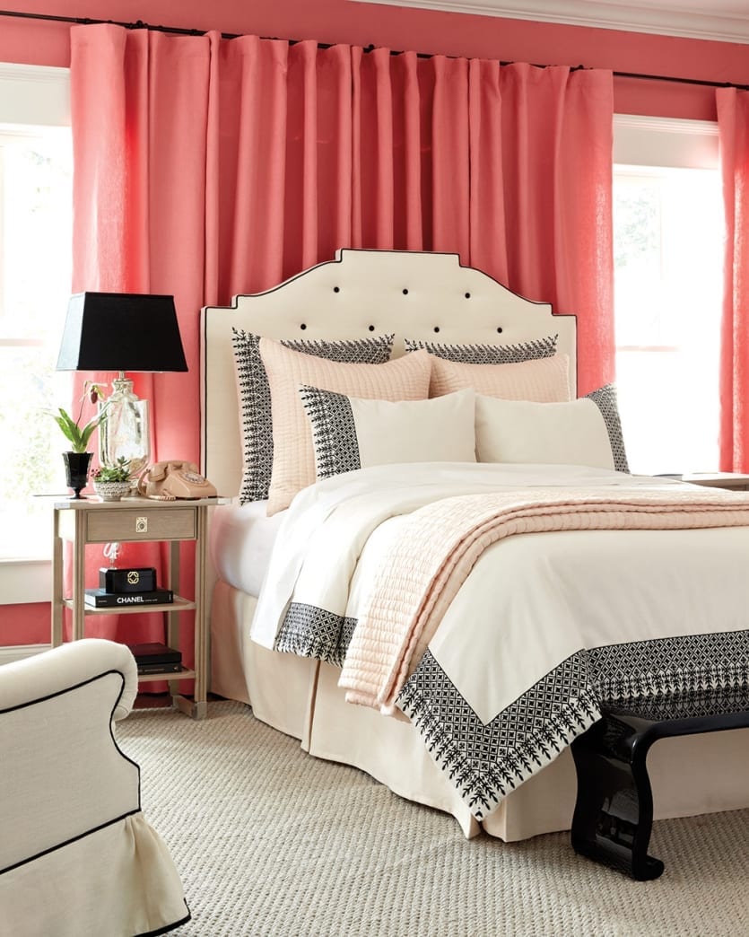 Peony pink bedroom designed by Miles Redd with black and white furnishings