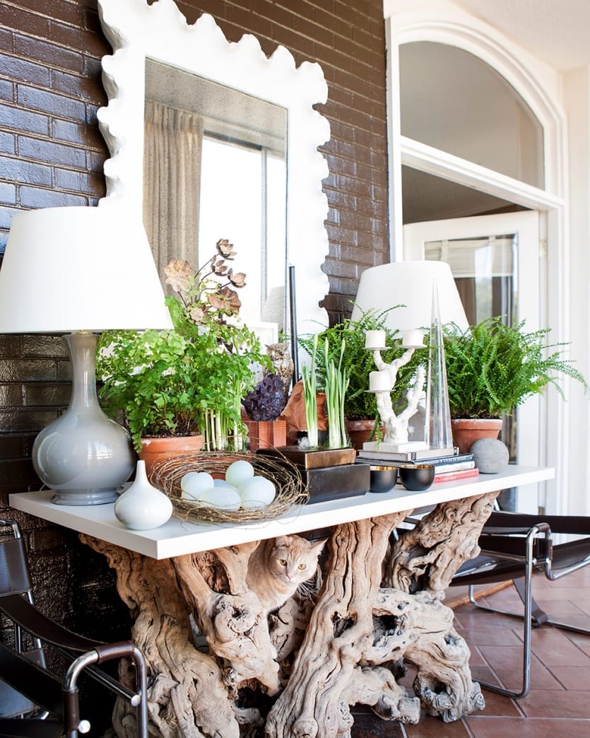 Driftwood console table with Ballard Designs Gourd Lamp and Atoll Mirror