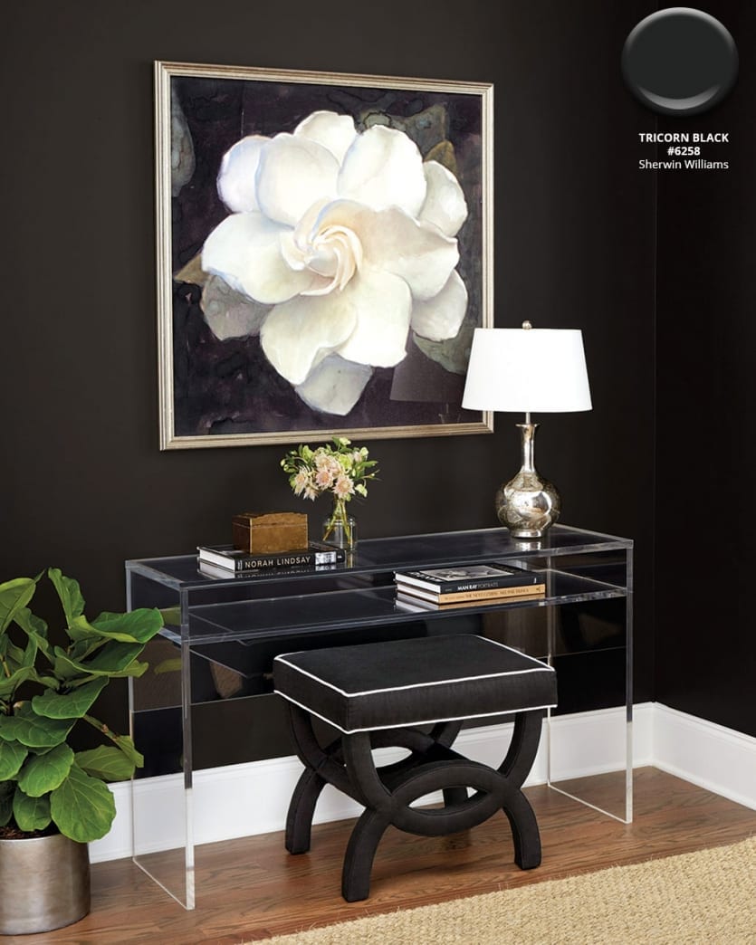 Vanity space with black walls in Sherwin Williams Tricorn Black with acrylic console, oversize white floral art, and a black and white seat