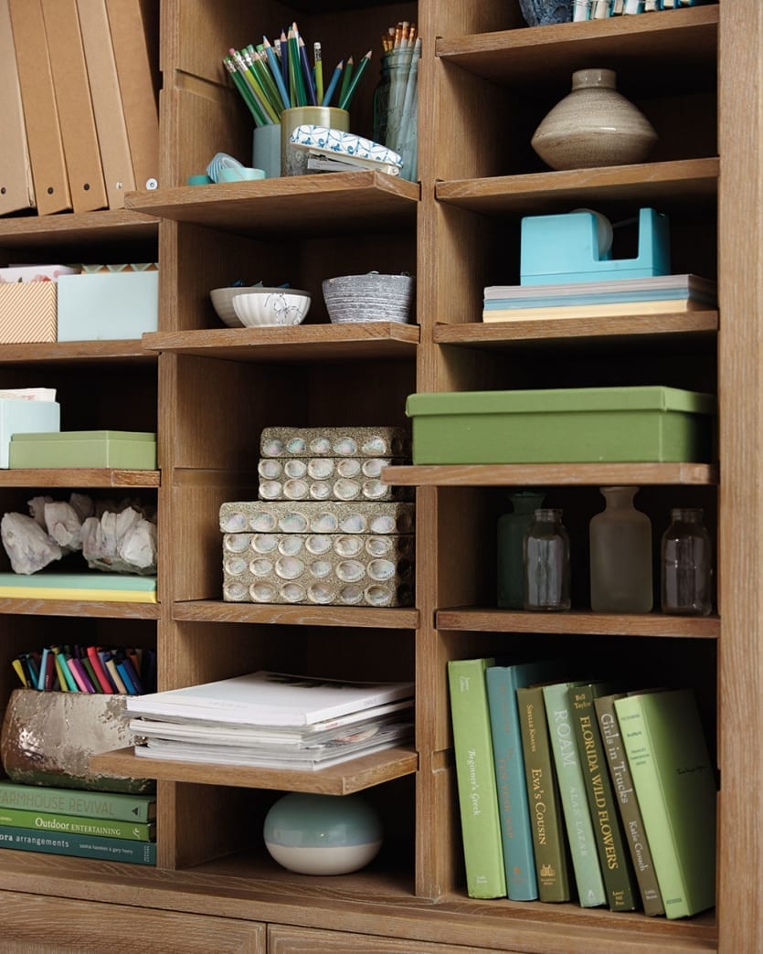 Ballard Designs Beckett Cabinet styled out with office supplies in blues and greens