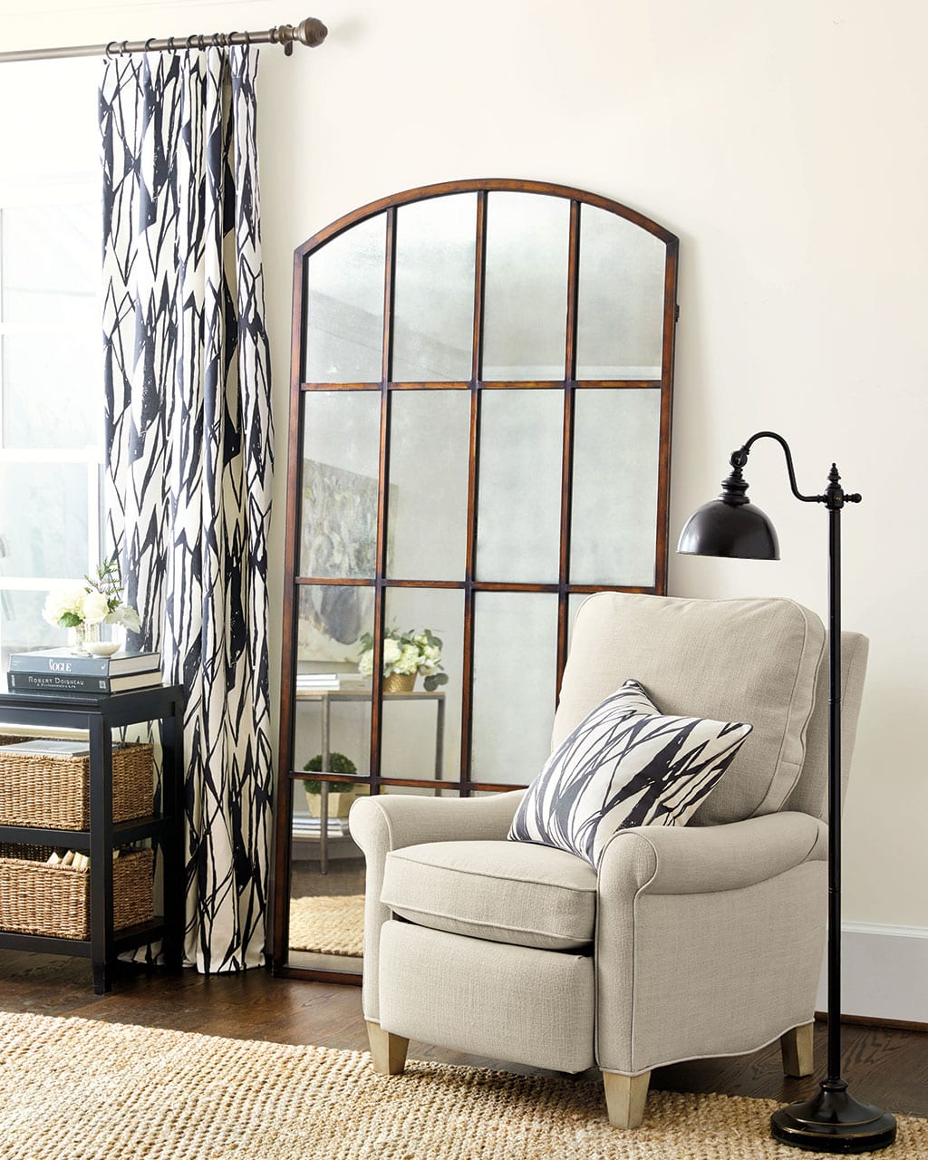 Black and white patterned drapery panels