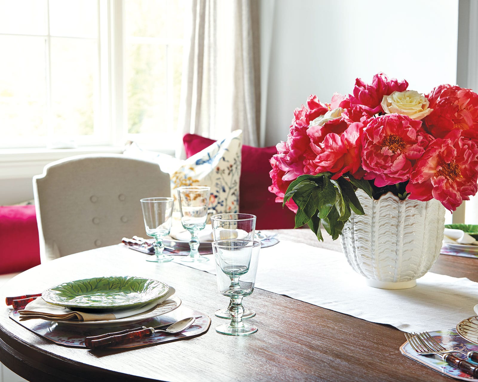 Mother's Day Table with pink peony arrangement