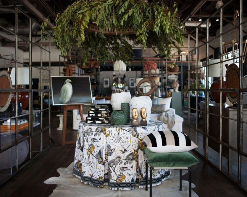 Skirted table in Dixon Rye store in Atlanta, designed by Bradley Odom