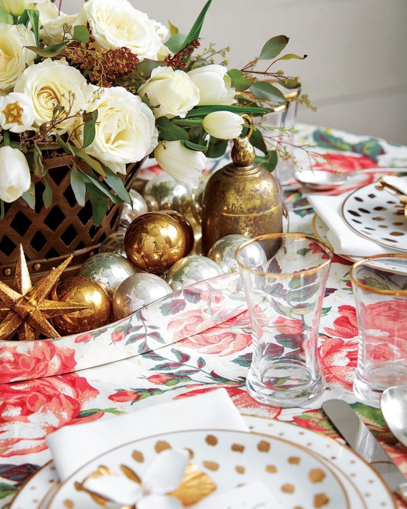 Holiday table setting inspired by floral patterned table cloth from Ballard Designs